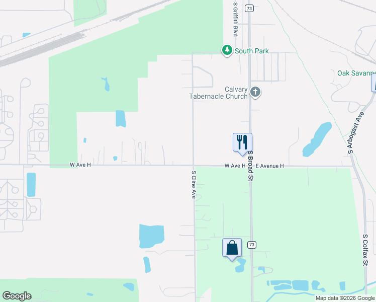 map of restaurants, bars, coffee shops, grocery stores, and more near 510 West Avenue H in Griffith