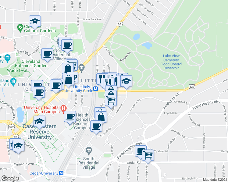 map of restaurants, bars, coffee shops, grocery stores, and more near Mayfield Rd & Murray Hill Rd in Cleveland