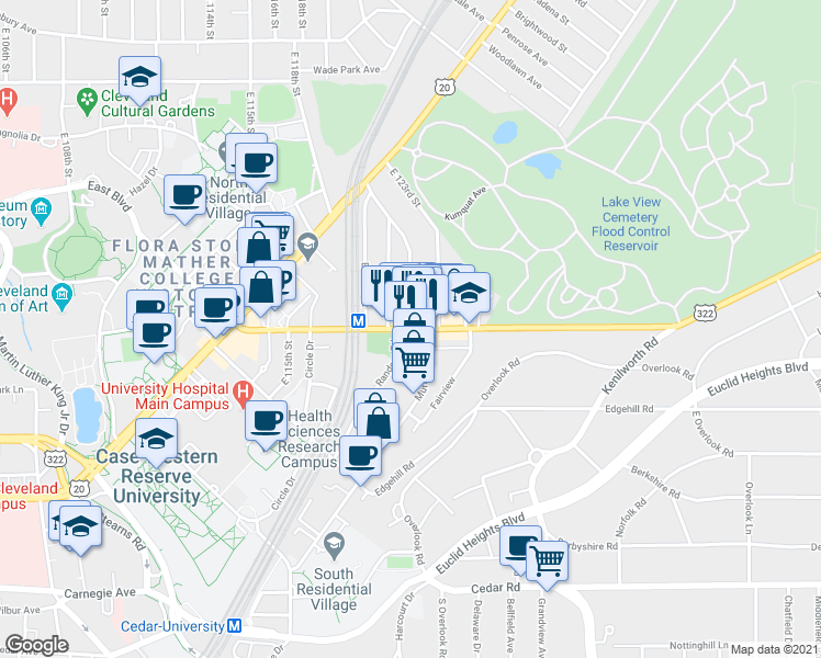 map of restaurants, bars, coffee shops, grocery stores, and more near Mayfield Road & Coltman Road in Cleveland