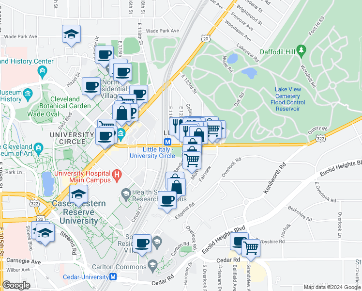map of restaurants, bars, coffee shops, grocery stores, and more near Mayfield Rd & E 120th St in Cleveland