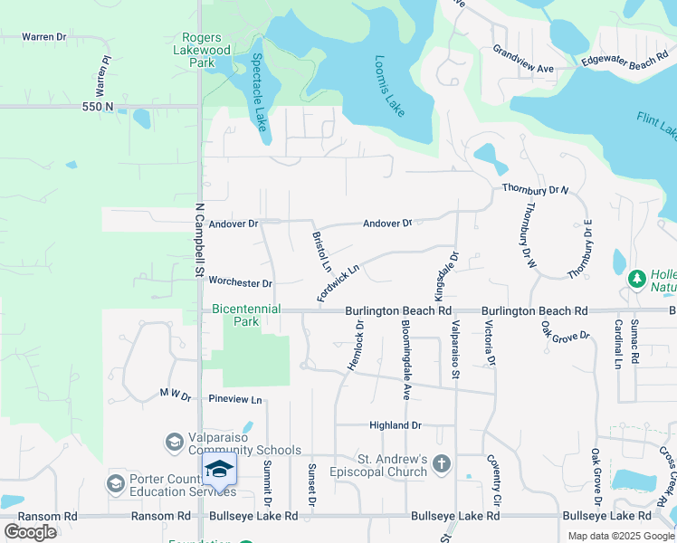 map of restaurants, bars, coffee shops, grocery stores, and more near 105 Fordwick Lane in Valparaiso