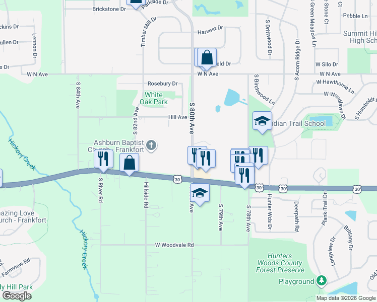 map of restaurants, bars, coffee shops, grocery stores, and more near 20962 South 80th Avenue in Frankfort
