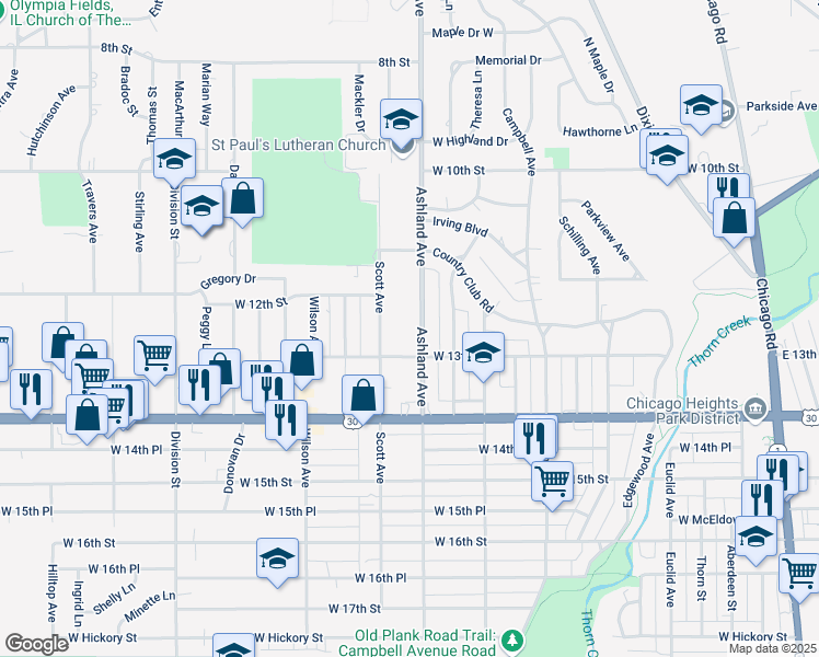map of restaurants, bars, coffee shops, grocery stores, and more near 1240 Ashland Avenue in Chicago Heights