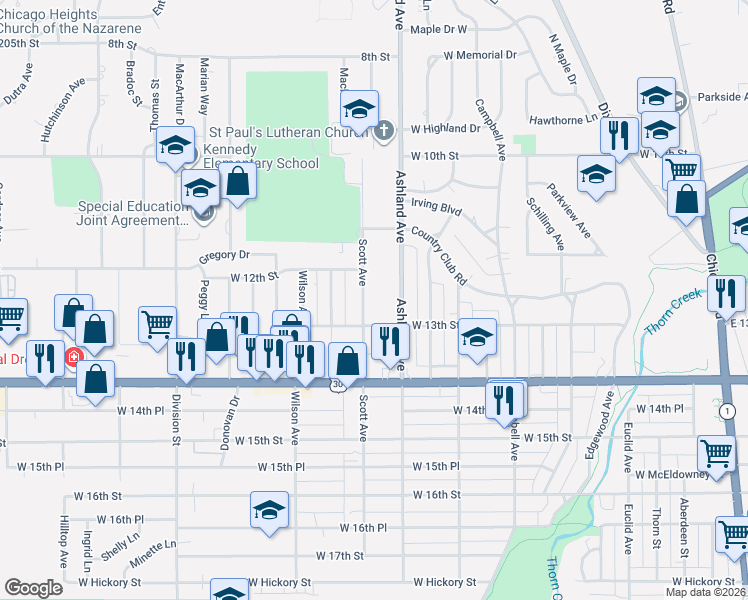map of restaurants, bars, coffee shops, grocery stores, and more near 1240 Ashland Avenue in Chicago Heights