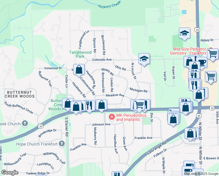 map of restaurants, bars, coffee shops, grocery stores, and more near 520 Linden Road in Frankfort