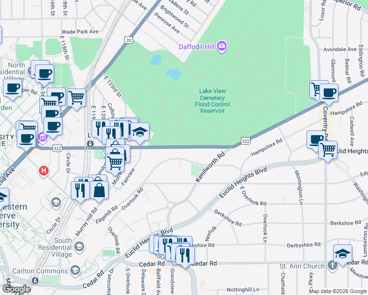 map of restaurants, bars, coffee shops, grocery stores, and more near Mayfield Road in Cleveland