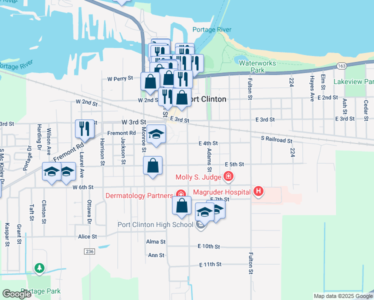 map of restaurants, bars, coffee shops, grocery stores, and more near 430 Jefferson Street in Port Clinton