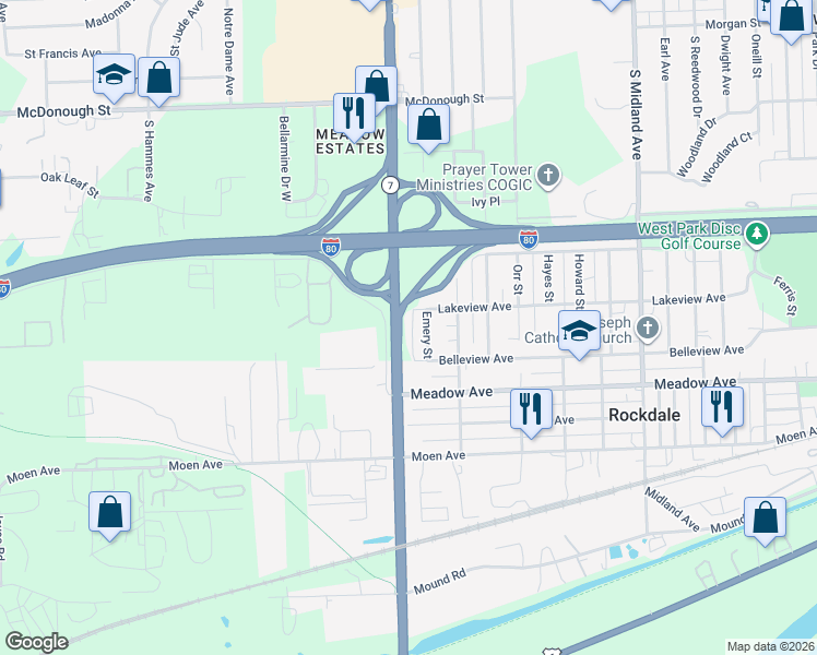 map of restaurants, bars, coffee shops, grocery stores, and more near 717 Emery Street in Rockdale