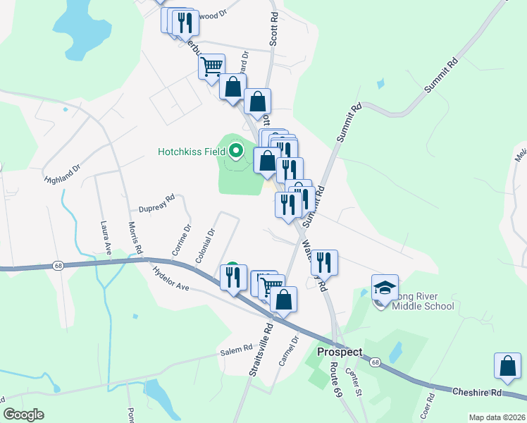 map of restaurants, bars, coffee shops, grocery stores, and more near 20 Colonial Drive in Prospect