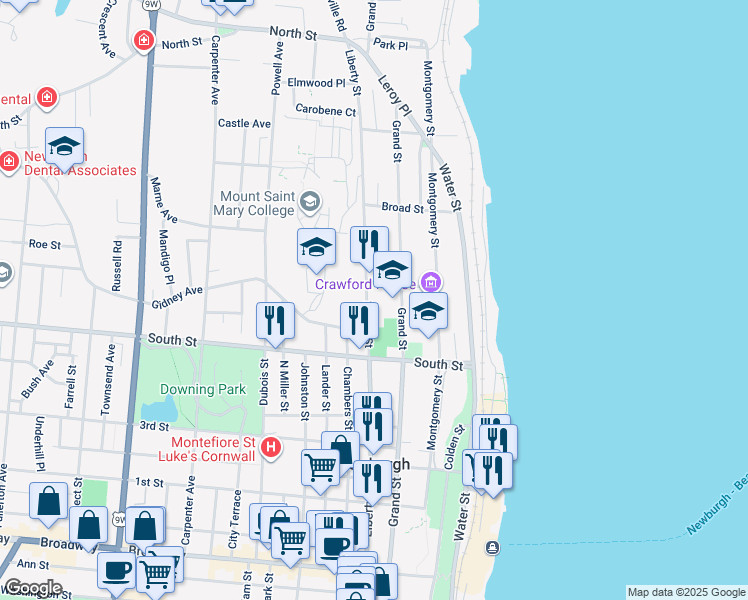 map of restaurants, bars, coffee shops, grocery stores, and more near 326 Liberty Street in Newburgh