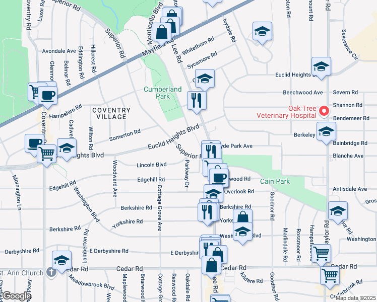 map of restaurants, bars, coffee shops, grocery stores, and more near 14454 Superior Road in Cleveland Heights