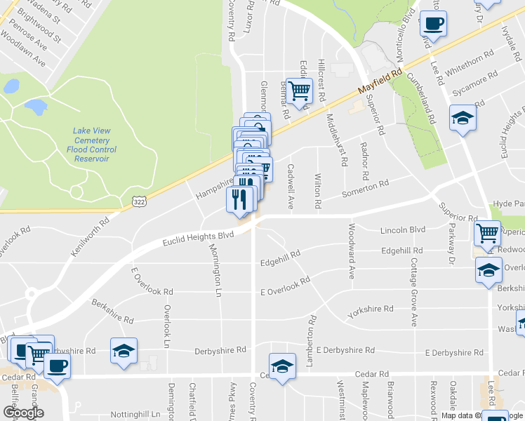 map of restaurants, bars, coffee shops, grocery stores, and more near 2843 Washington Boulevard in Cleveland Heights