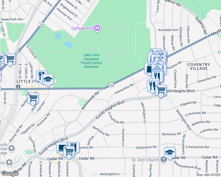 map of restaurants, bars, coffee shops, grocery stores, and more near 2614 Hampshire Road in Cleveland Heights