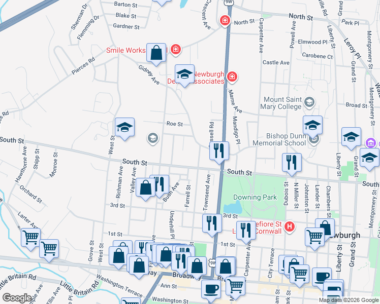 map of restaurants, bars, coffee shops, grocery stores, and more near 368 South Street in Newburgh