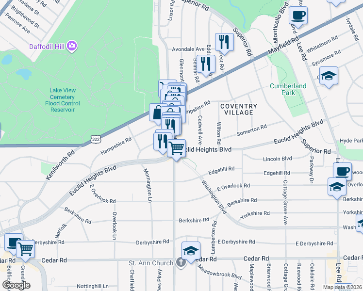 map of restaurants, bars, coffee shops, grocery stores, and more near 2815 Euclid Heights Boulevard in Cleveland Heights