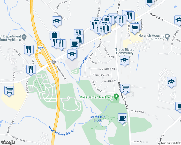 map of restaurants, bars, coffee shops, grocery stores, and more near 7 Settlers Drive in Norwich