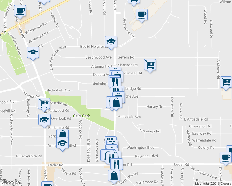 map of restaurants, bars, coffee shops, grocery stores, and more near 1869 S Taylor Rd in Cleveland Heights