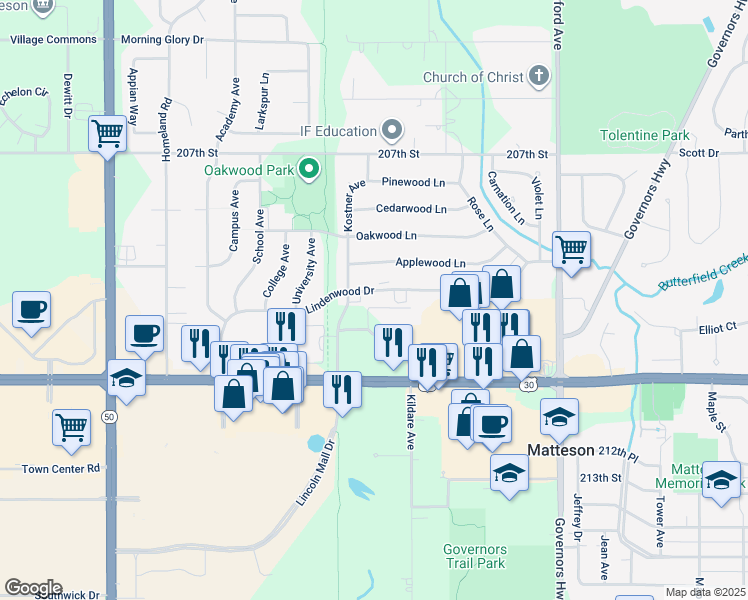map of restaurants, bars, coffee shops, grocery stores, and more near 4342 211th Street in Matteson
