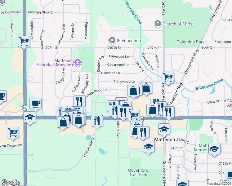 map of restaurants, bars, coffee shops, grocery stores, and more near 4340 211th Street in Matteson