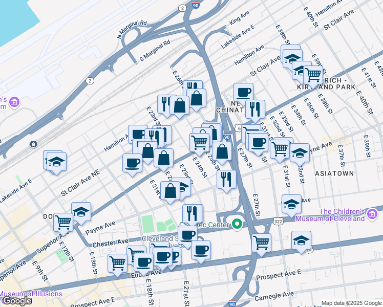 map of restaurants, bars, coffee shops, grocery stores, and more near Superior Avenue East & East 24th Street in Cleveland