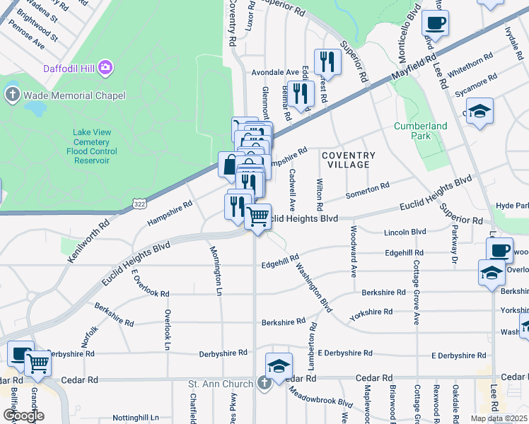 map of restaurants, bars, coffee shops, grocery stores, and more near 2843 Washington Boulevard in Cleveland Heights