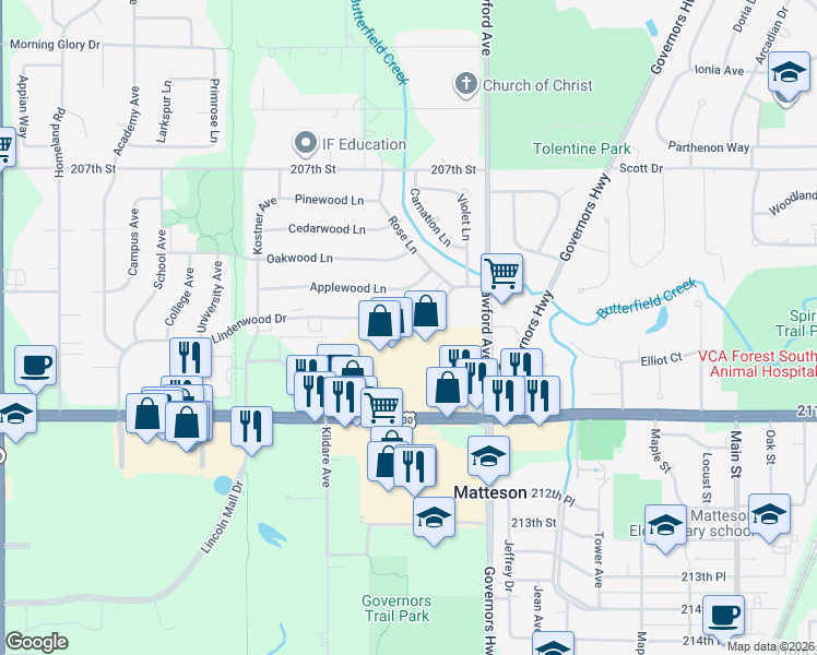 map of restaurants, bars, coffee shops, grocery stores, and more near 4117 Lindenwood Drive in Matteson