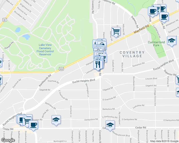 map of restaurants, bars, coffee shops, grocery stores, and more near Lancashire Road in Cleveland