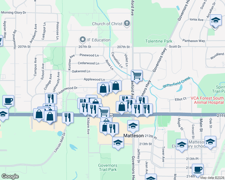 map of restaurants, bars, coffee shops, grocery stores, and more near 4046 Lindenwood Drive in Matteson