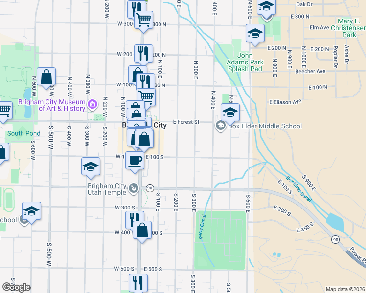 map of restaurants, bars, coffee shops, grocery stores, and more near 39 South 200 East in Brigham City