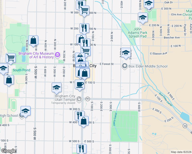 map of restaurants, bars, coffee shops, grocery stores, and more near 45 South 100 East in Brigham City