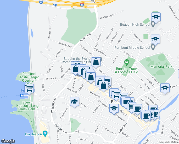 map of restaurants, bars, coffee shops, grocery stores, and more near 3 Oak Street in Beacon