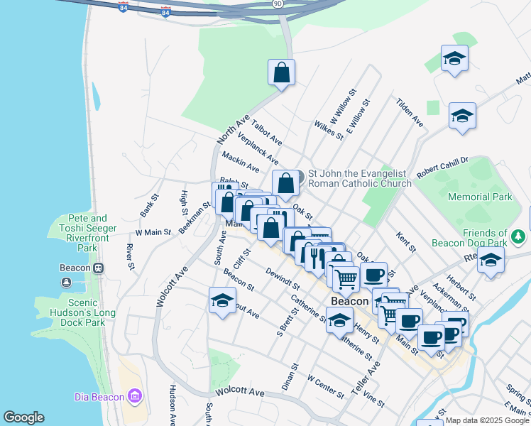 map of restaurants, bars, coffee shops, grocery stores, and more near 3 Oak Street in Beacon