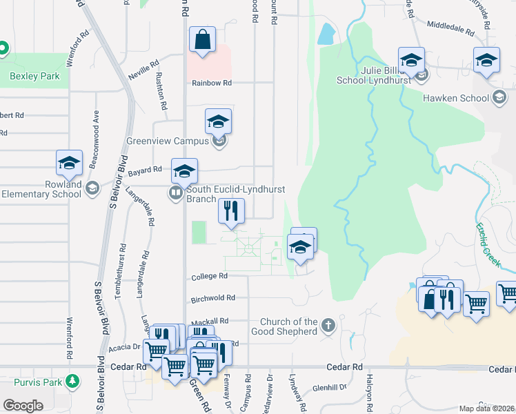 map of restaurants, bars, coffee shops, grocery stores, and more near 1854 Oakmount Road in South Euclid