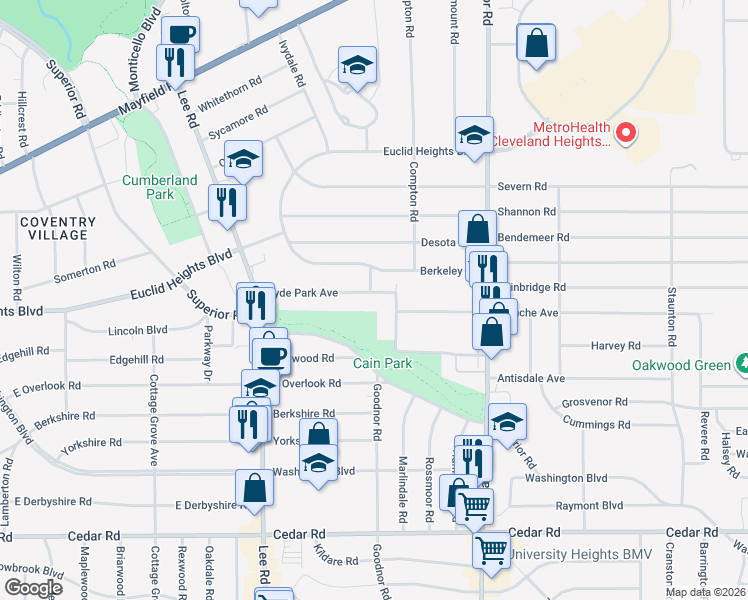 map of restaurants, bars, coffee shops, grocery stores, and more near 3321 Hyde Park Avenue in Cleveland Heights