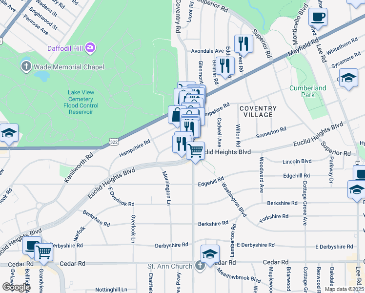 map of restaurants, bars, coffee shops, grocery stores, and more near 2783 Lancashire Road in Cleveland Heights