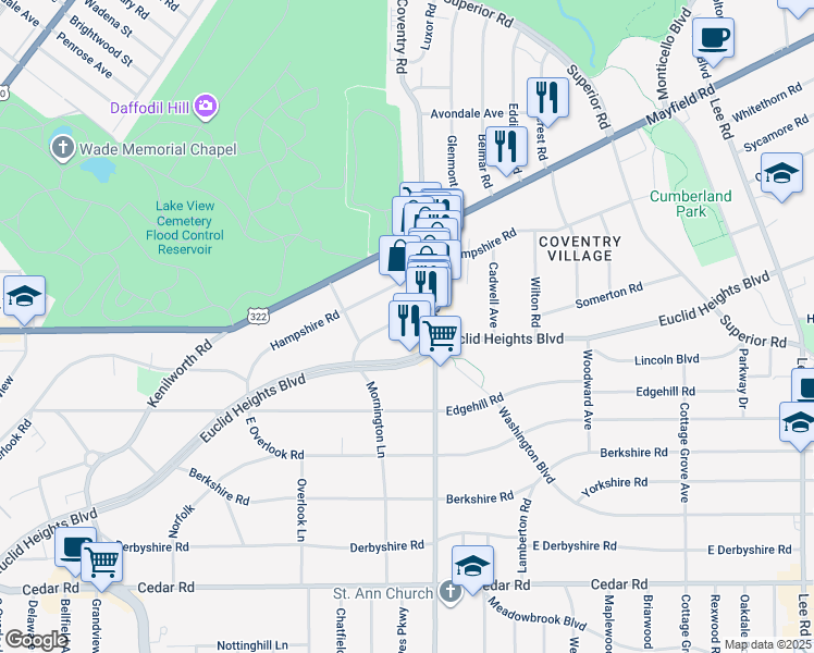 map of restaurants, bars, coffee shops, grocery stores, and more near 2779 Lancashire Road in Cleveland Heights