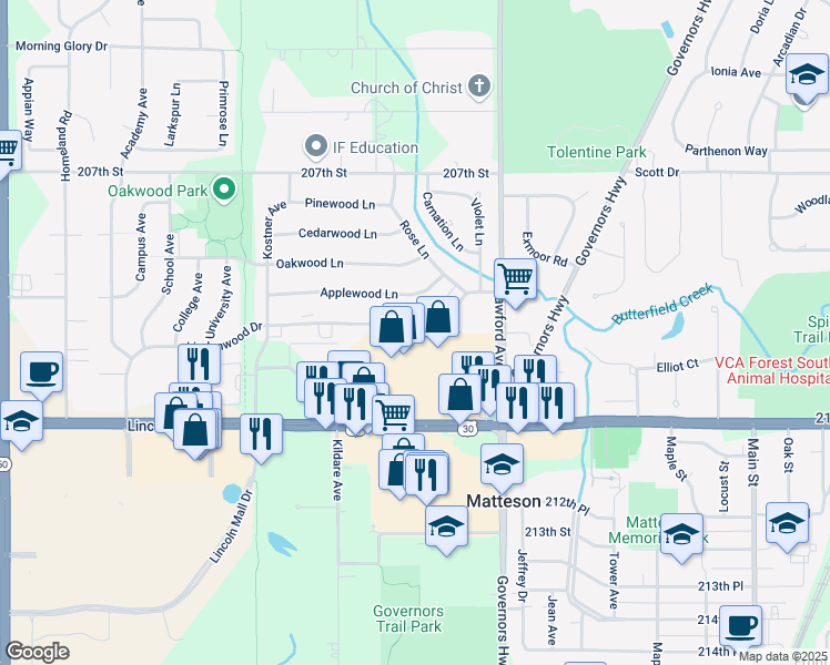 map of restaurants, bars, coffee shops, grocery stores, and more near 4131 Applewood Lane in Matteson