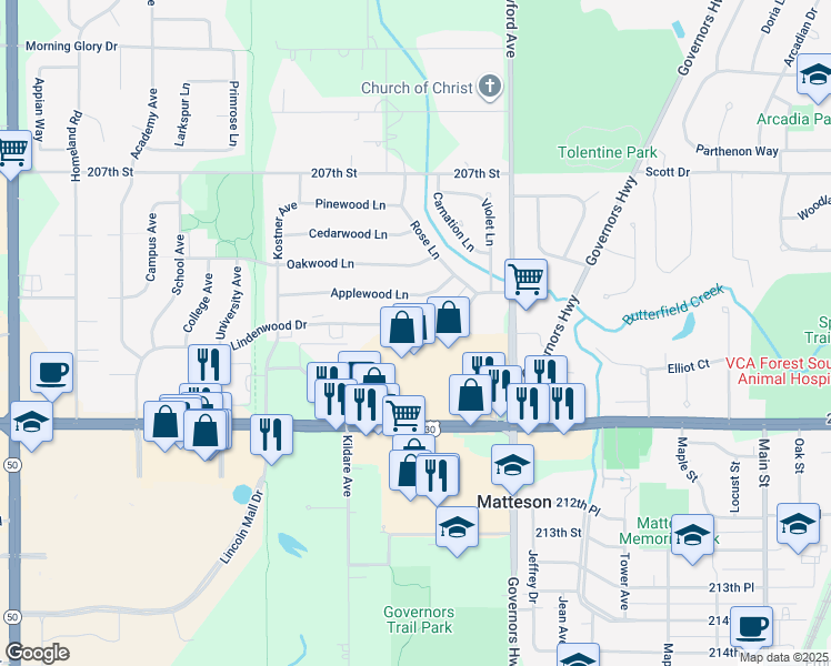 map of restaurants, bars, coffee shops, grocery stores, and more near 4131 Applewood Lane in Matteson