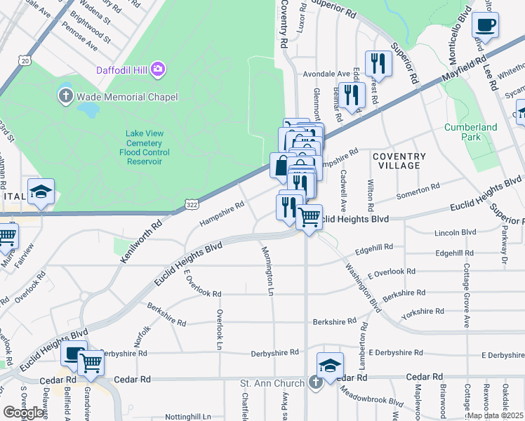 map of restaurants, bars, coffee shops, grocery stores, and more near 2727 Lancashire Road in Cleveland Heights