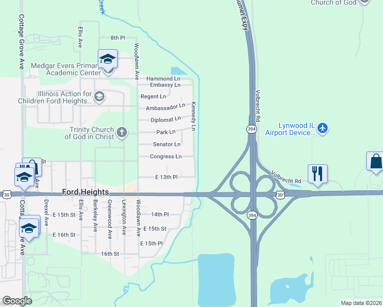 map of restaurants, bars, coffee shops, grocery stores, and more near 1529 Senator Lane in Chicago Heights