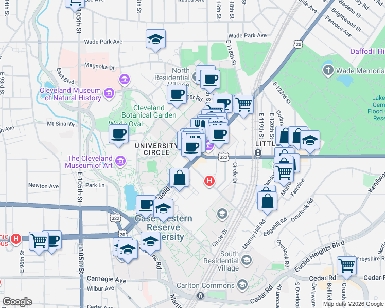 map of restaurants, bars, coffee shops, grocery stores, and more near 1990 Ford Drive in Cleveland