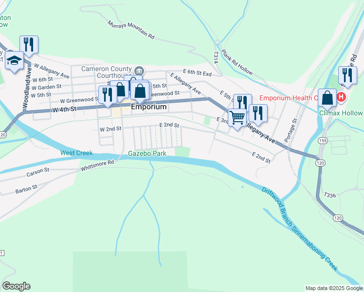 map of restaurants, bars, coffee shops, grocery stores, and more near 100 Willowwood Court in Emporium