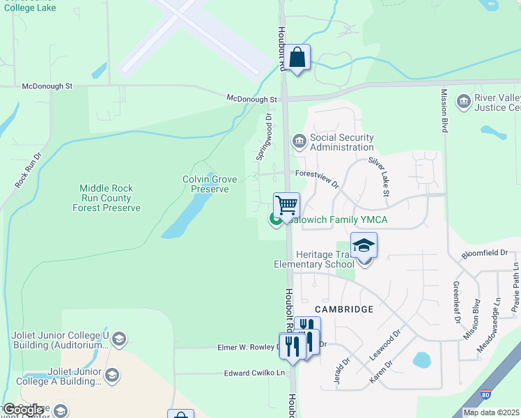 map of restaurants, bars, coffee shops, grocery stores, and more near 705 Springwood Drive in Joliet