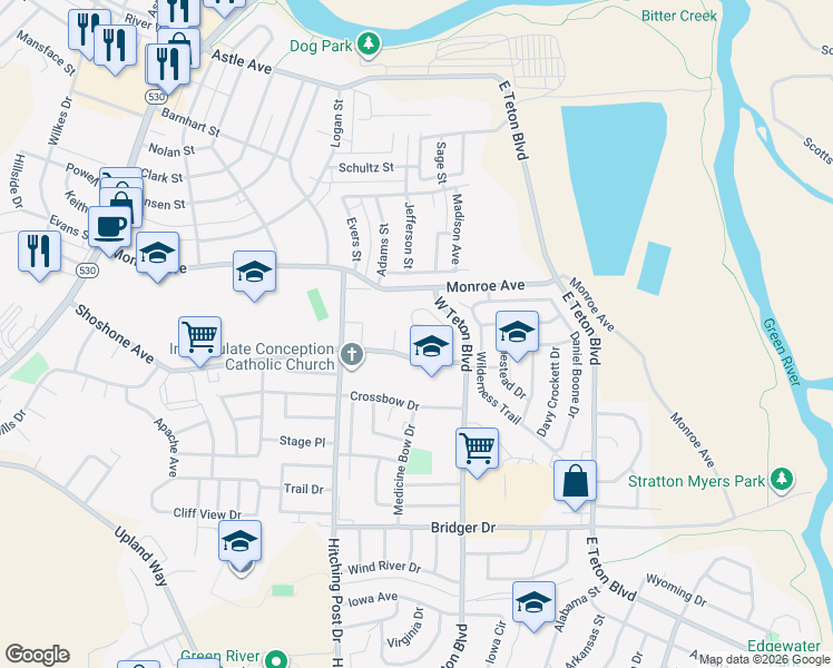 map of restaurants, bars, coffee shops, grocery stores, and more near 700 Shoshone Avenue in Green River