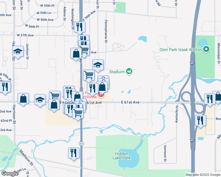 map of restaurants, bars, coffee shops, grocery stores, and more near 6072 Pennsylvania Drive in Merrillville