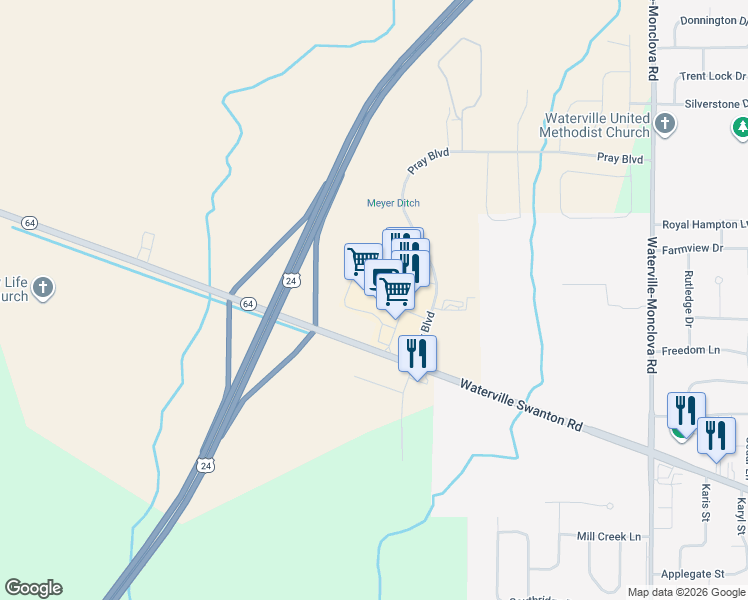 map of restaurants, bars, coffee shops, grocery stores, and more near 8730 Waterville Swanton Road in Waterville