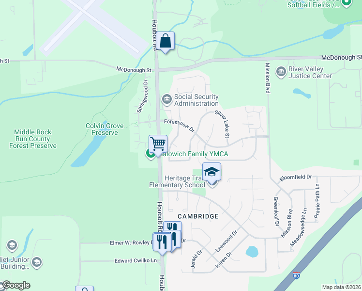map of restaurants, bars, coffee shops, grocery stores, and more near 704 Silver Leaf Court in Joliet
