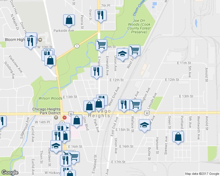 map of restaurants, bars, coffee shops, grocery stores, and more near 1223 Emerald Avenue in Chicago Heights