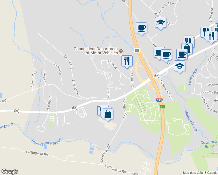 map of restaurants, bars, coffee shops, grocery stores, and more near 53 Briar Lane in Norwich