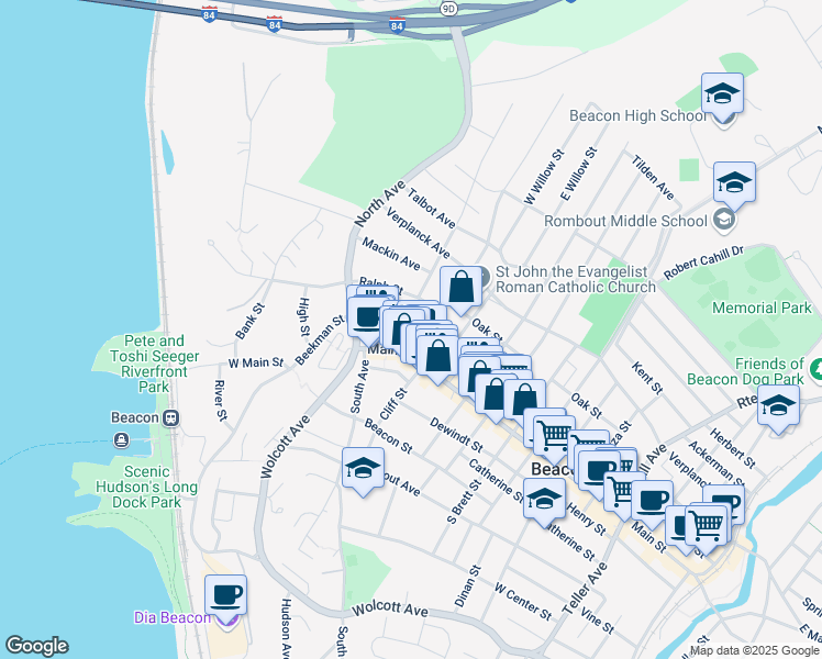 map of restaurants, bars, coffee shops, grocery stores, and more near 24 West Church Street in Beacon